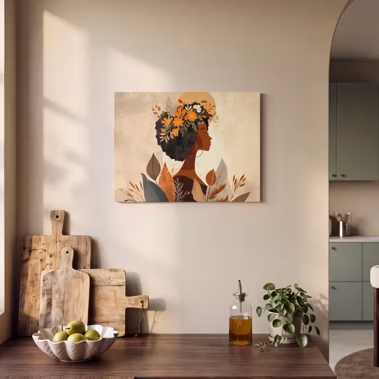 Akoestisch schilderij - Vrouw - Krullen - Bloemen - Beige — 4