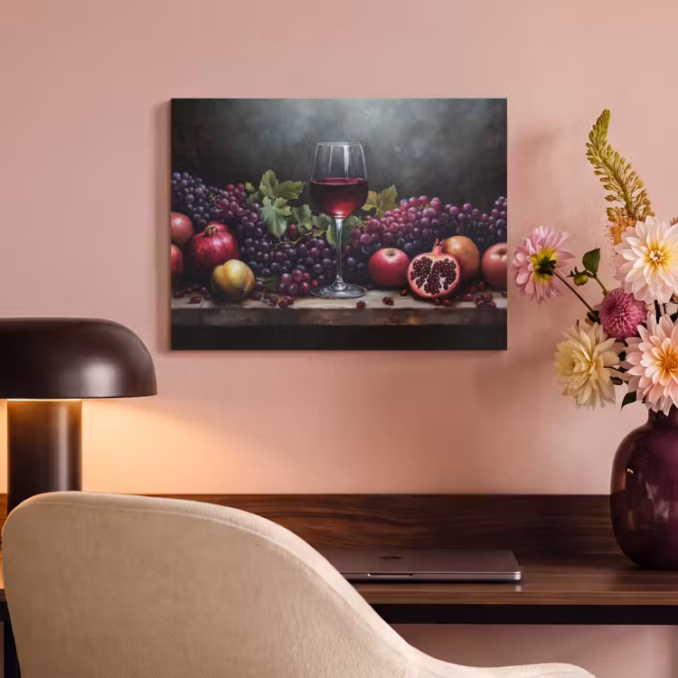 Akoestisch schilderij - Stilleven Rode Wijn Granaatappels Druiven — 6
