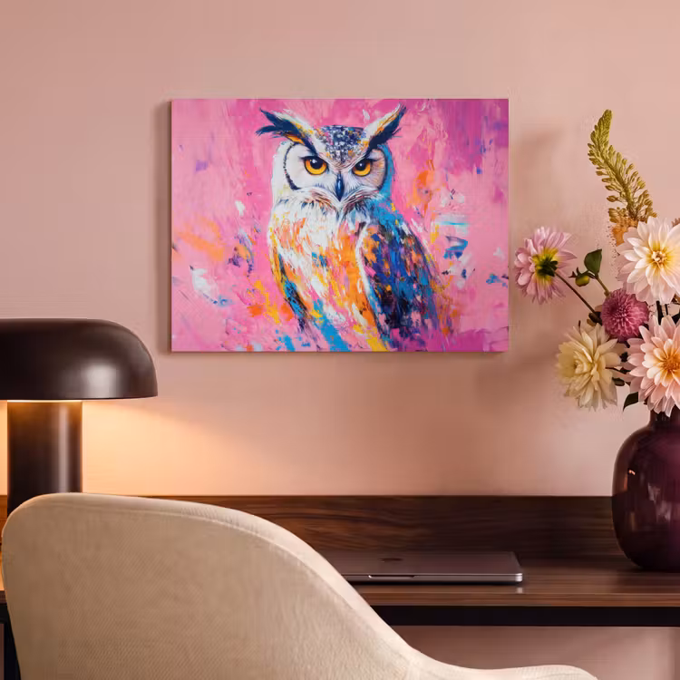 Akoestisch schilderij - Uil - Roze - Blauw - Verf - Abstract — 6
