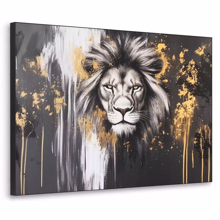 Art Frame - Leeuw - Portret - Verfspatten - Grijs — 1