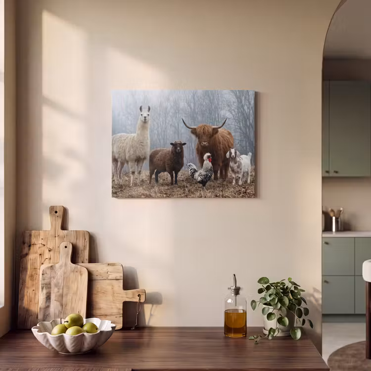 Akoestisch schilderij - Boerderijdieren - Groep - Mist - Natuur - Rustiek — 4