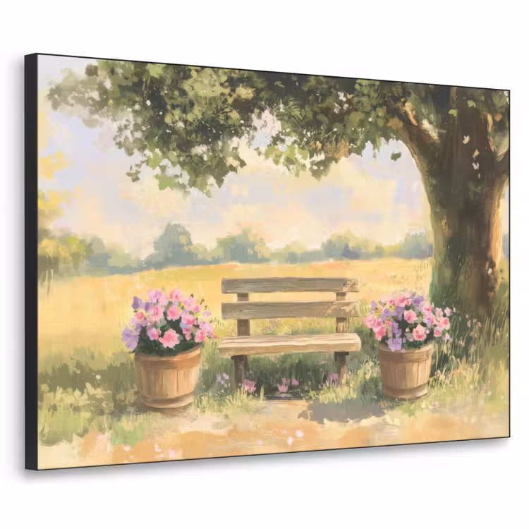 Art Frame - Houten bankje - Bloempotten - Landschap — 1
