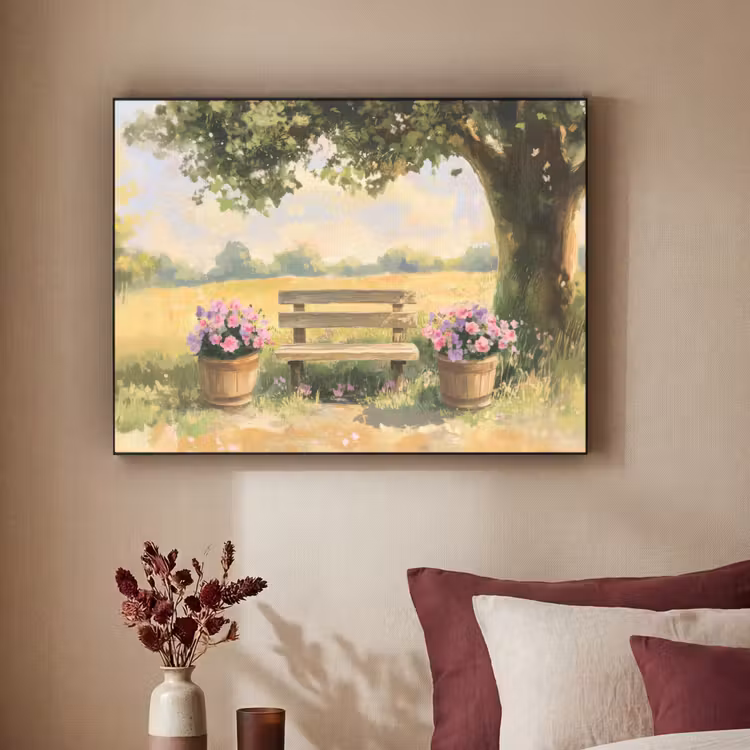 Art Frame - Houten bankje - Bloempotten - Landschap — 3