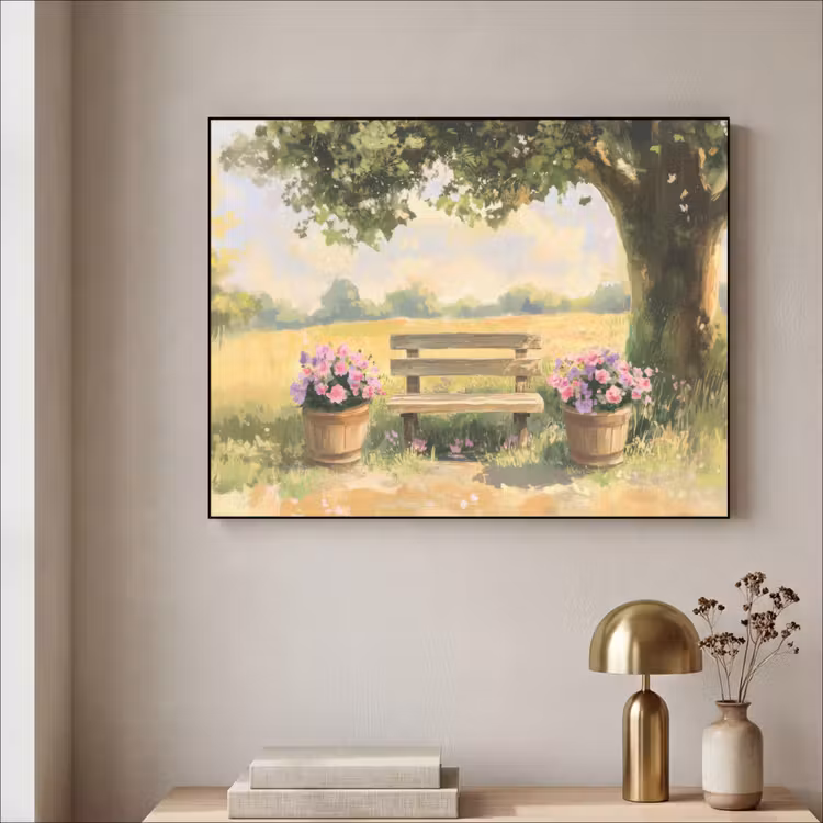 Art Frame - Houten bankje - Bloempotten - Landschap — 5