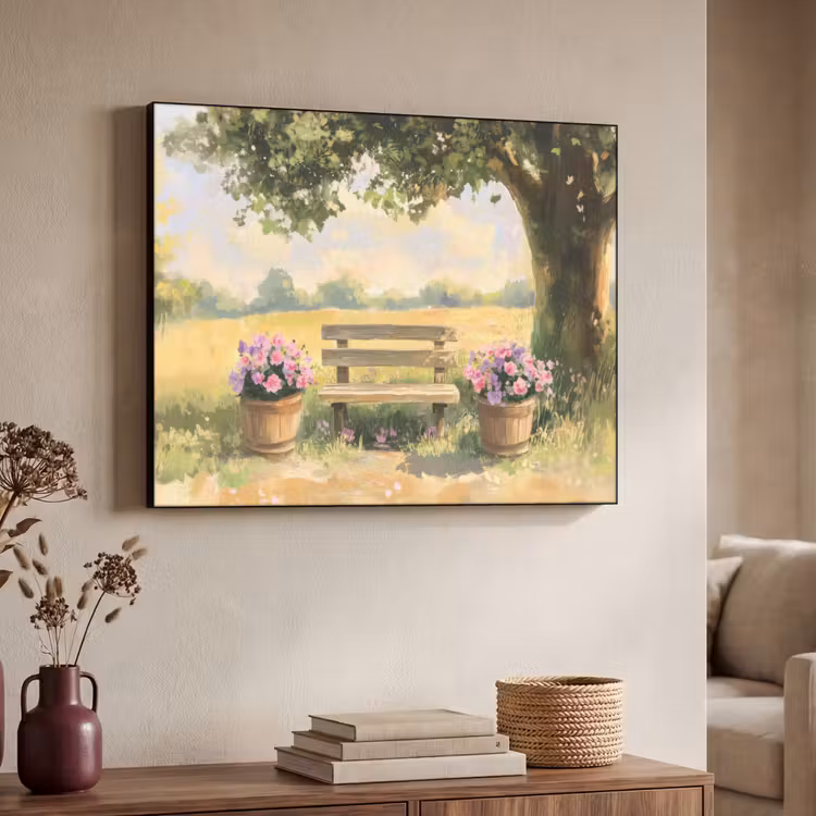 Art Frame - Houten bankje - Bloempotten - Landschap — 7
