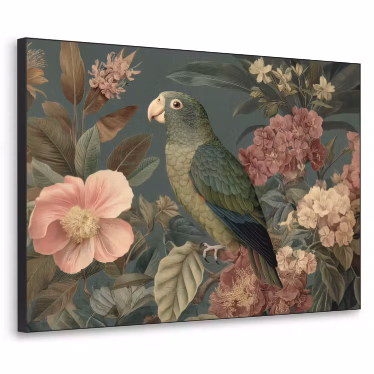 Art Frame - Groene papegaai - Kleurrijke bloemen - Donkere achtergrond — 1