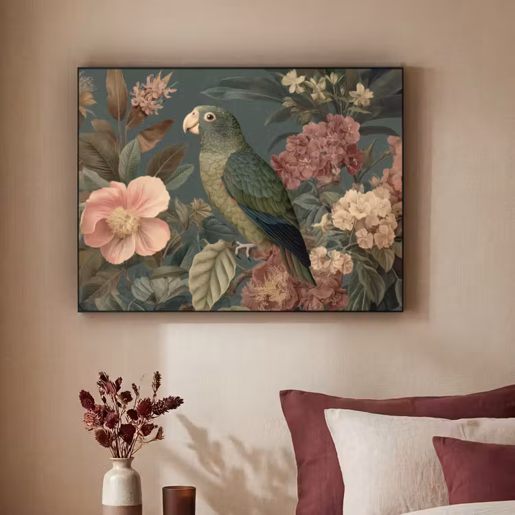 Art Frame - Groene papegaai - Kleurrijke bloemen - Donkere achtergrond — 3