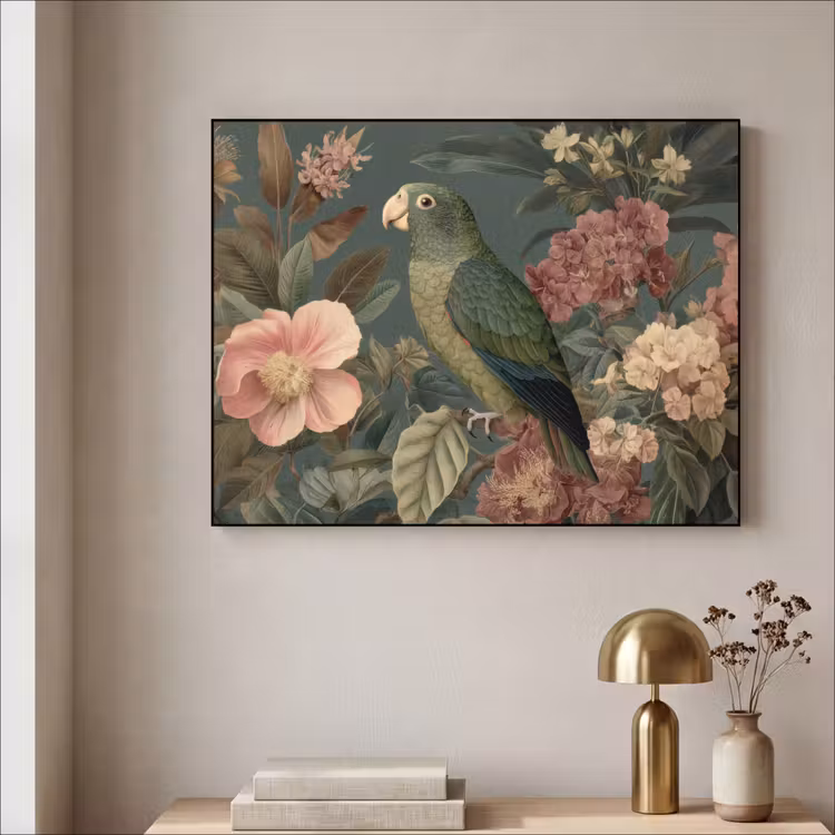 Art Frame - Groene papegaai - Kleurrijke bloemen - Donkere achtergrond — 5