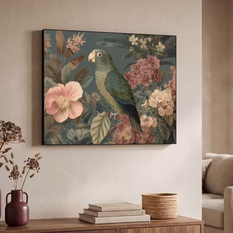 Art Frame - Groene papegaai - Kleurrijke bloemen - Donkere achtergrond — 7