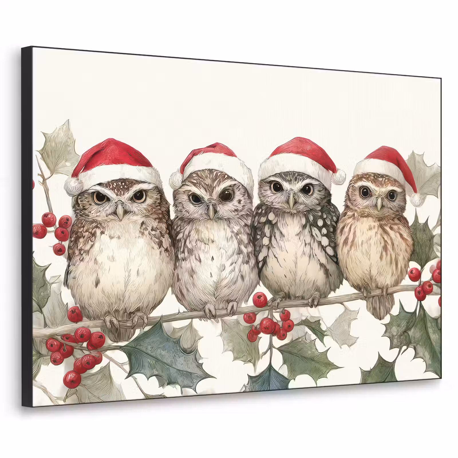Art Frame - Uilen - Tak - Hulstblaadjes - Kerstmuts — 1