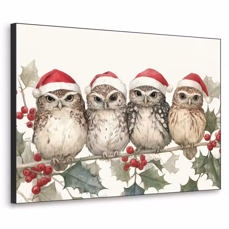 Art Frame - Uilen - Tak - Hulstblaadjes - Kerstmuts — 1