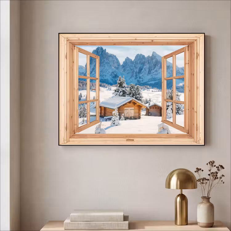 Art Frame - Doorkijk - Winterlandschap - Huisje - Bergen - Uitzicht — 5