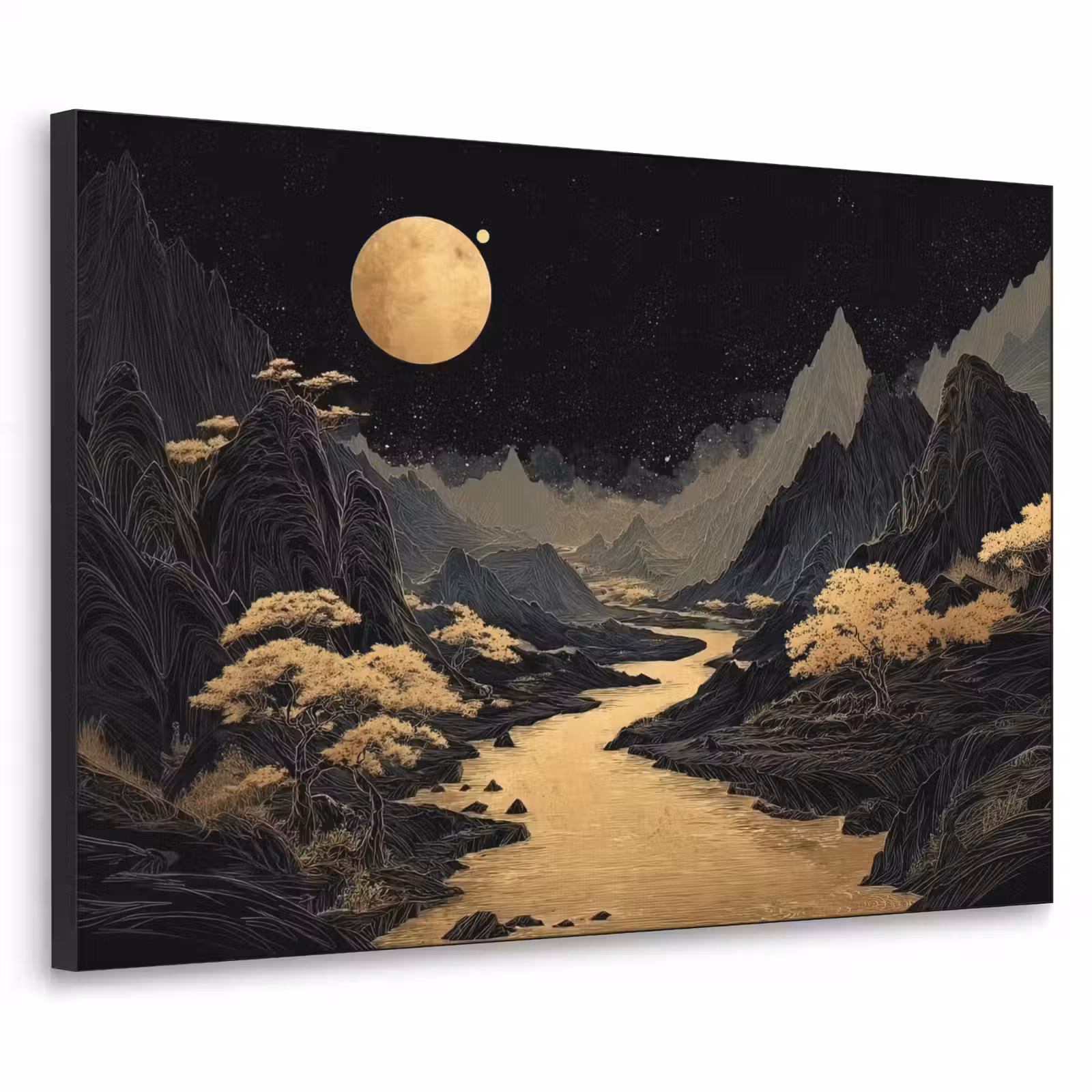 Art Frame - Gouden rivier - Bergen - Maan - Sterrenhemel — 1