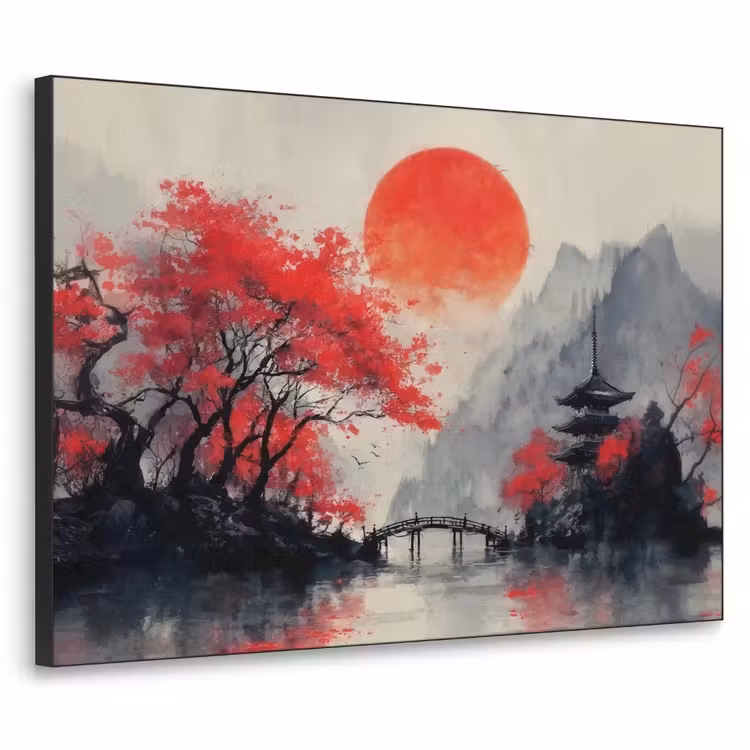 Art Frame - Rode zon - Rivier - brug - Bomen — 1