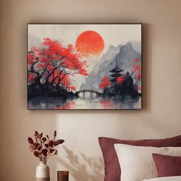 Art Frame - Rode zon - Rivier - brug - Bomen — 3
