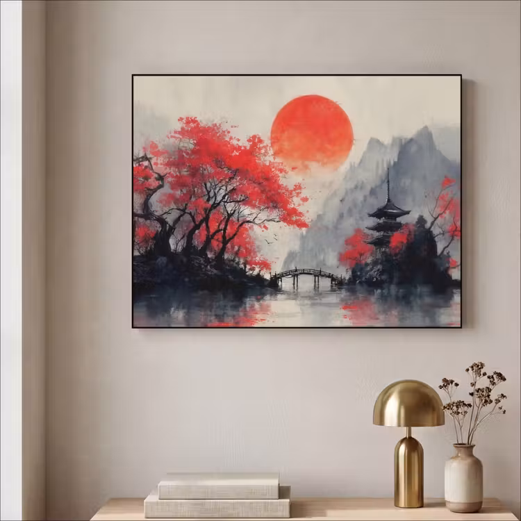 Art Frame - Rode zon - Rivier - brug - Bomen — 5