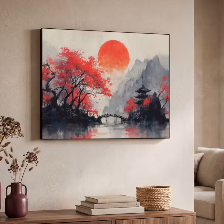 Art Frame - Rode zon - Rivier - brug - Bomen — 7