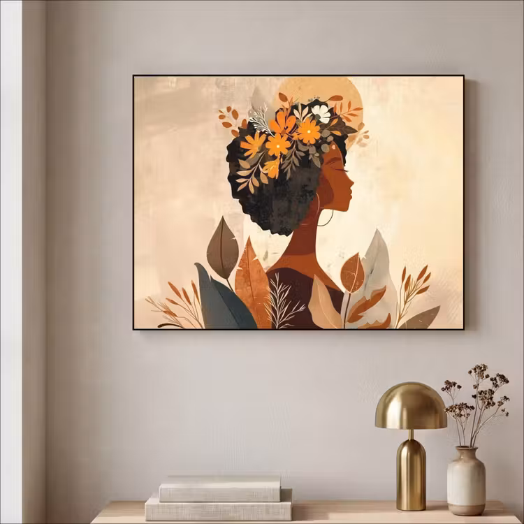 Art Frame - Vrouw - Krullen - Bloemen - Beige — 5