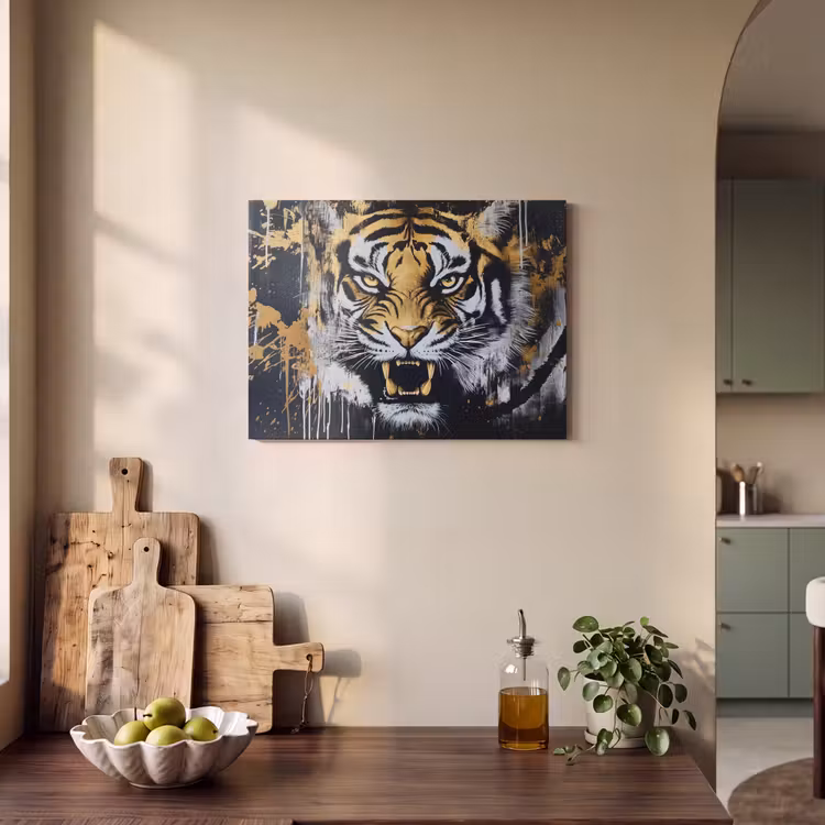 Akoestisch schilderij - Tijger - Verfspatten - Goud — 4