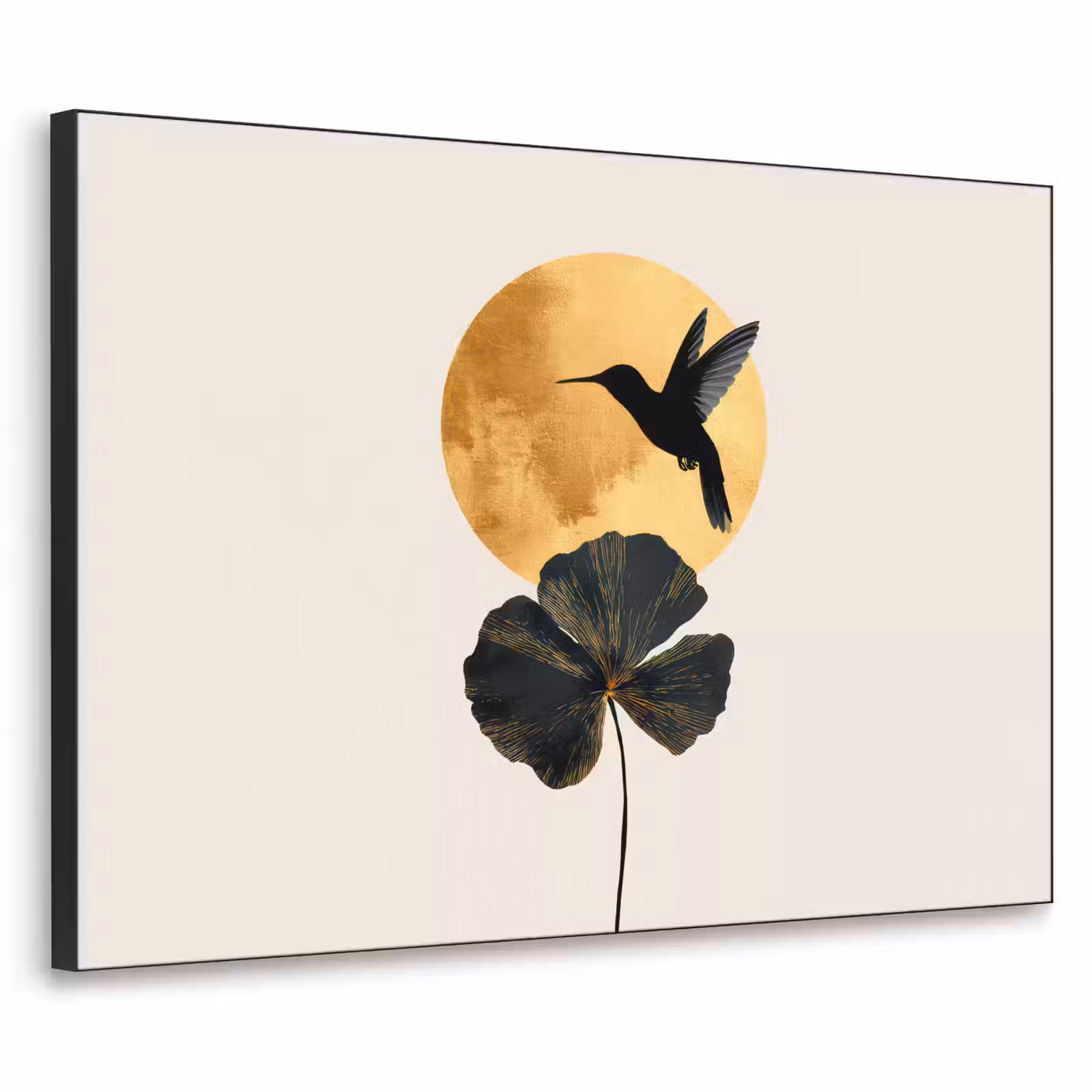 Art Frame - Zwarte kolibrie - Bloem - Gouden cirkel — 1