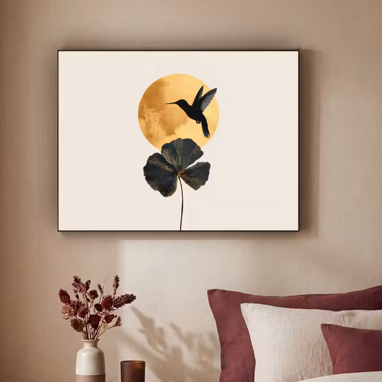 Art Frame - Zwarte kolibrie - Bloem - Gouden cirkel — 3