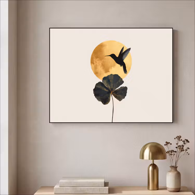 Art Frame - Zwarte kolibrie - Bloem - Gouden cirkel — 5