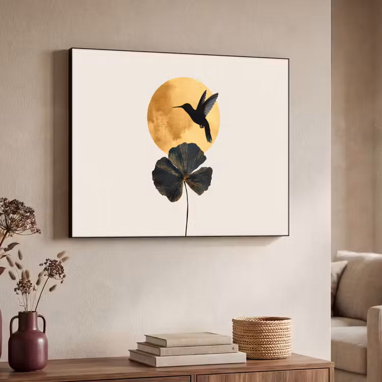 Art Frame - Zwarte kolibrie - Bloem - Gouden cirkel — 7