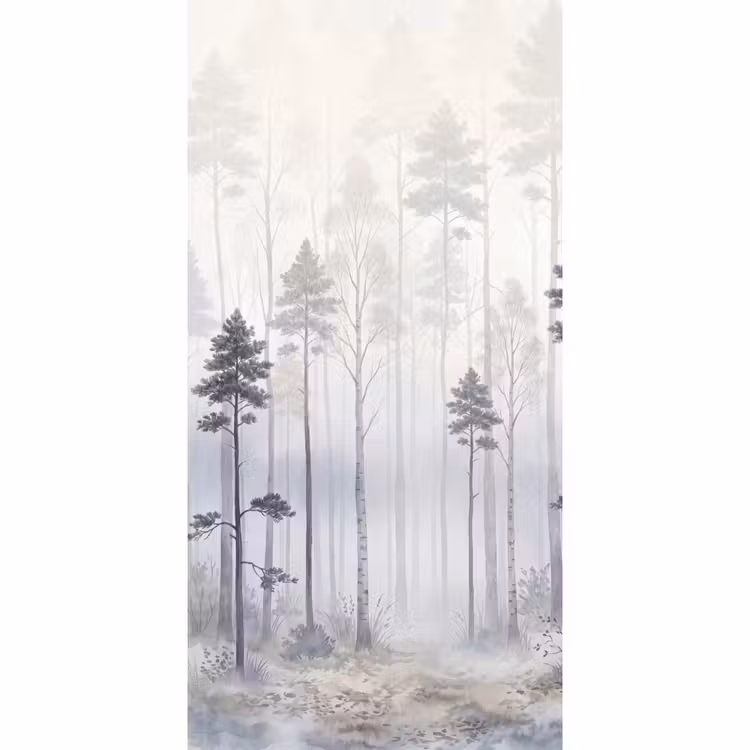 Behang - Bos - Bomen - Mist - Natuur - Illustratie - Grijs — 2