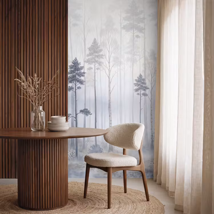 Behang - Bos - Bomen - Mist - Natuur - Illustratie - Grijs — 4