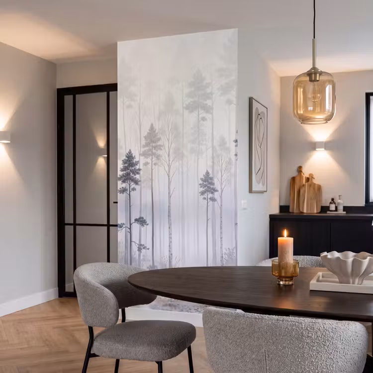 Behang - Bos - Bomen - Mist - Natuur - Illustratie - Grijs — 5