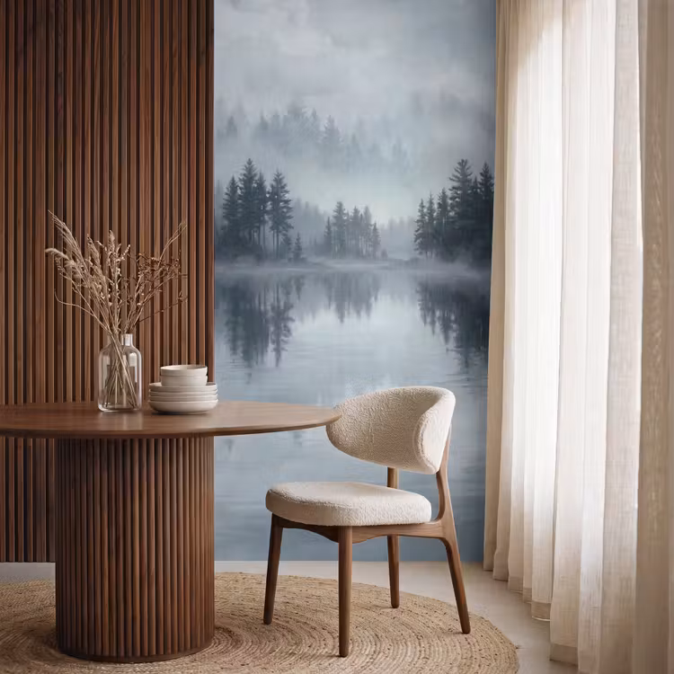 Behang - Bos - Meer - Mist - Natuur - Grijs — 4