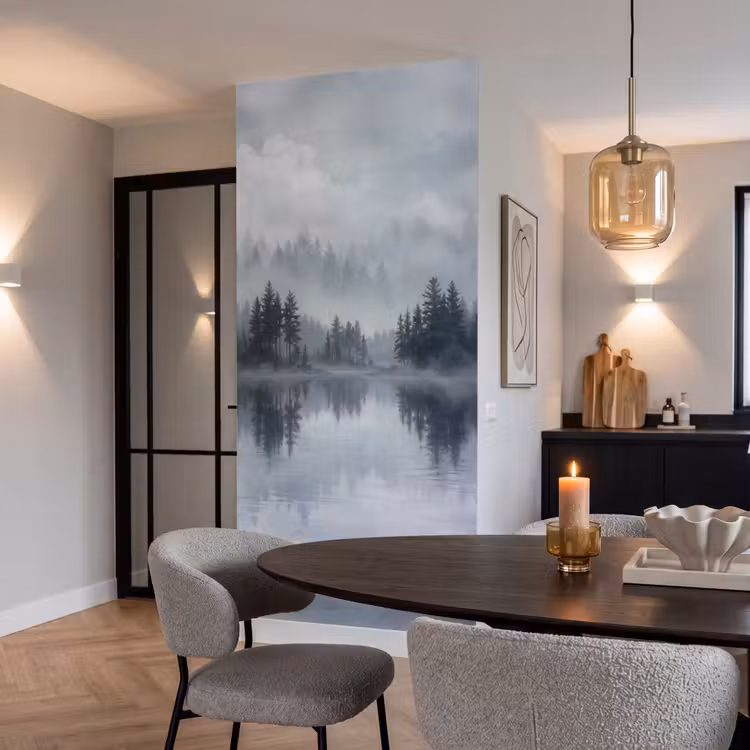 Behang - Bos - Meer - Mist - Natuur - Grijs — 5