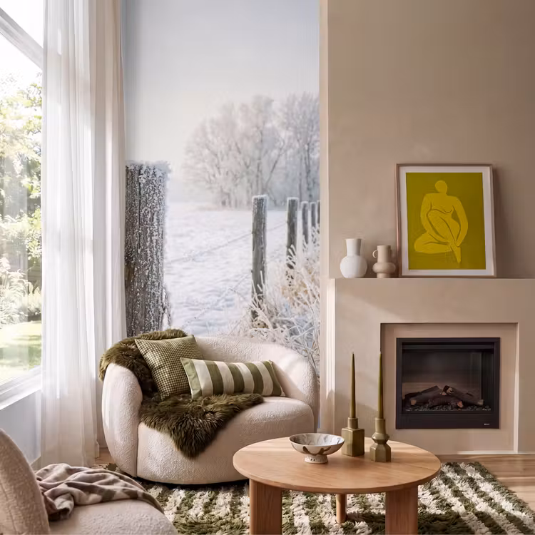 Behang - Hek - Sneeuw - Mist - Platteland - Nostalgisch — 1