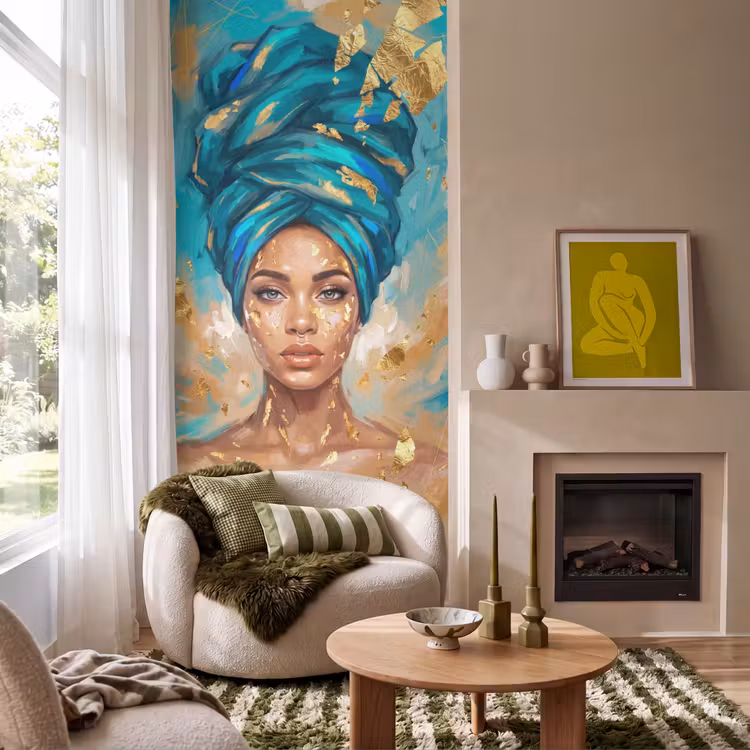 Behang - Portret - Vrouw - Schilderij - Blauw - Goud - Expressief — 1