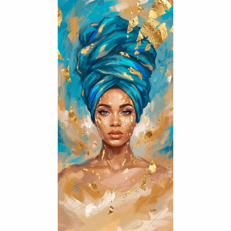 Behang - Portret - Vrouw - Schilderij - Blauw - Goud - Expressief — 2