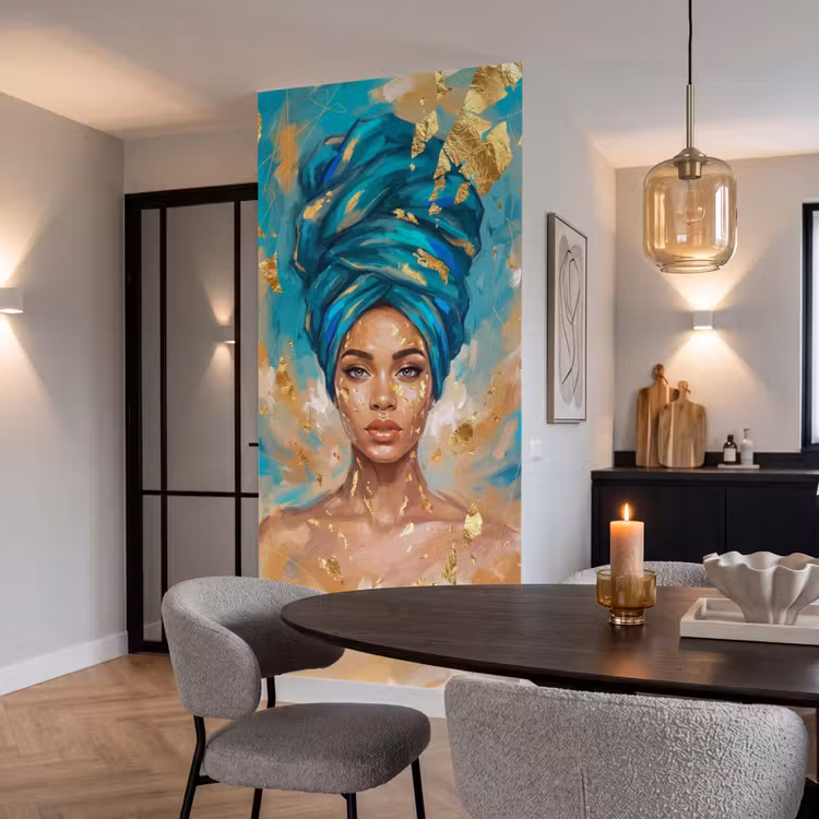 Behang - Portret - Vrouw - Schilderij - Blauw - Goud - Expressief — 5