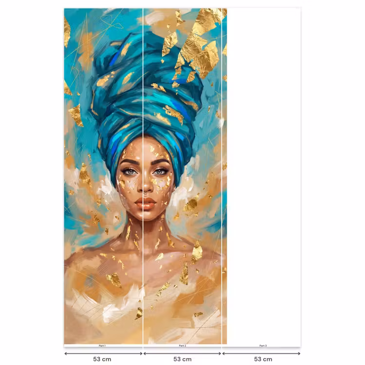 Behang - Portret - Vrouw - Schilderij - Blauw - Goud - Expressief — 6