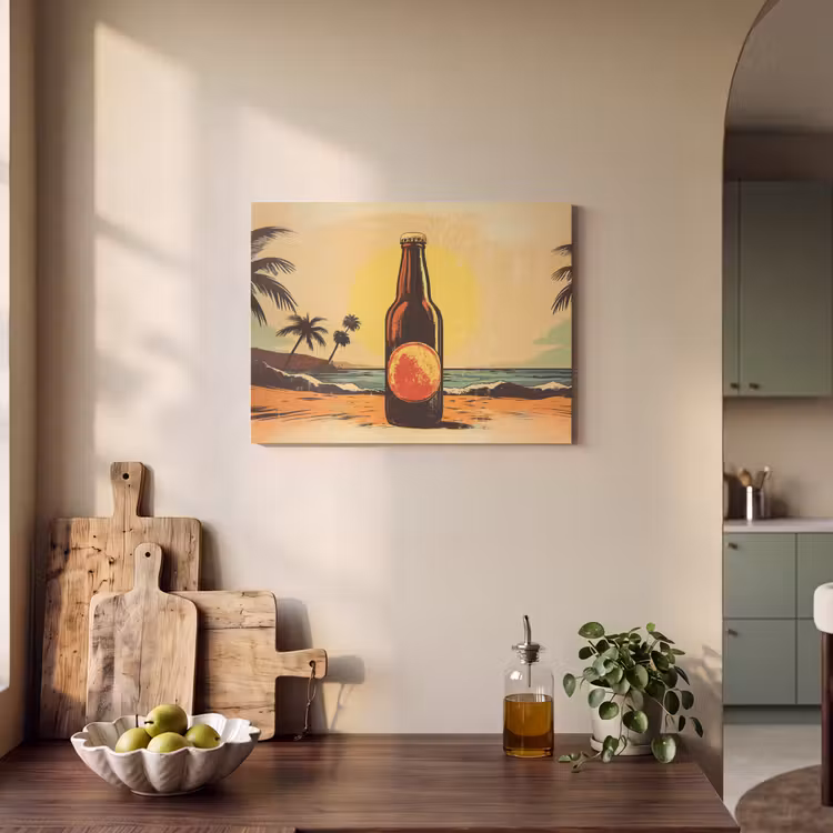 Akoestisch schilderij - Bierfles - Zonsondergang - Palmbomen - Zee — 4
