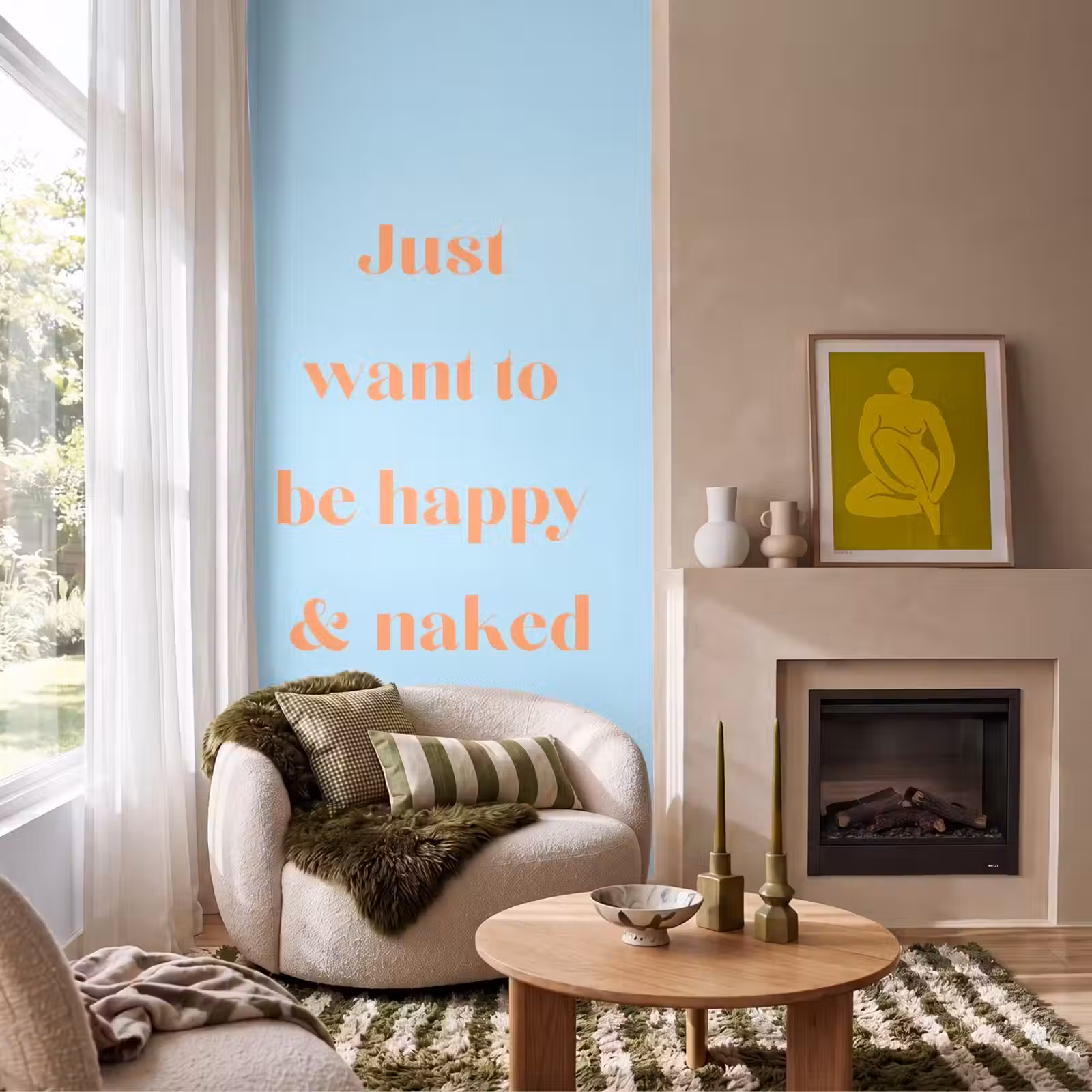 Behang - Blauw - Oranje - Just want to be happy & naked — 1