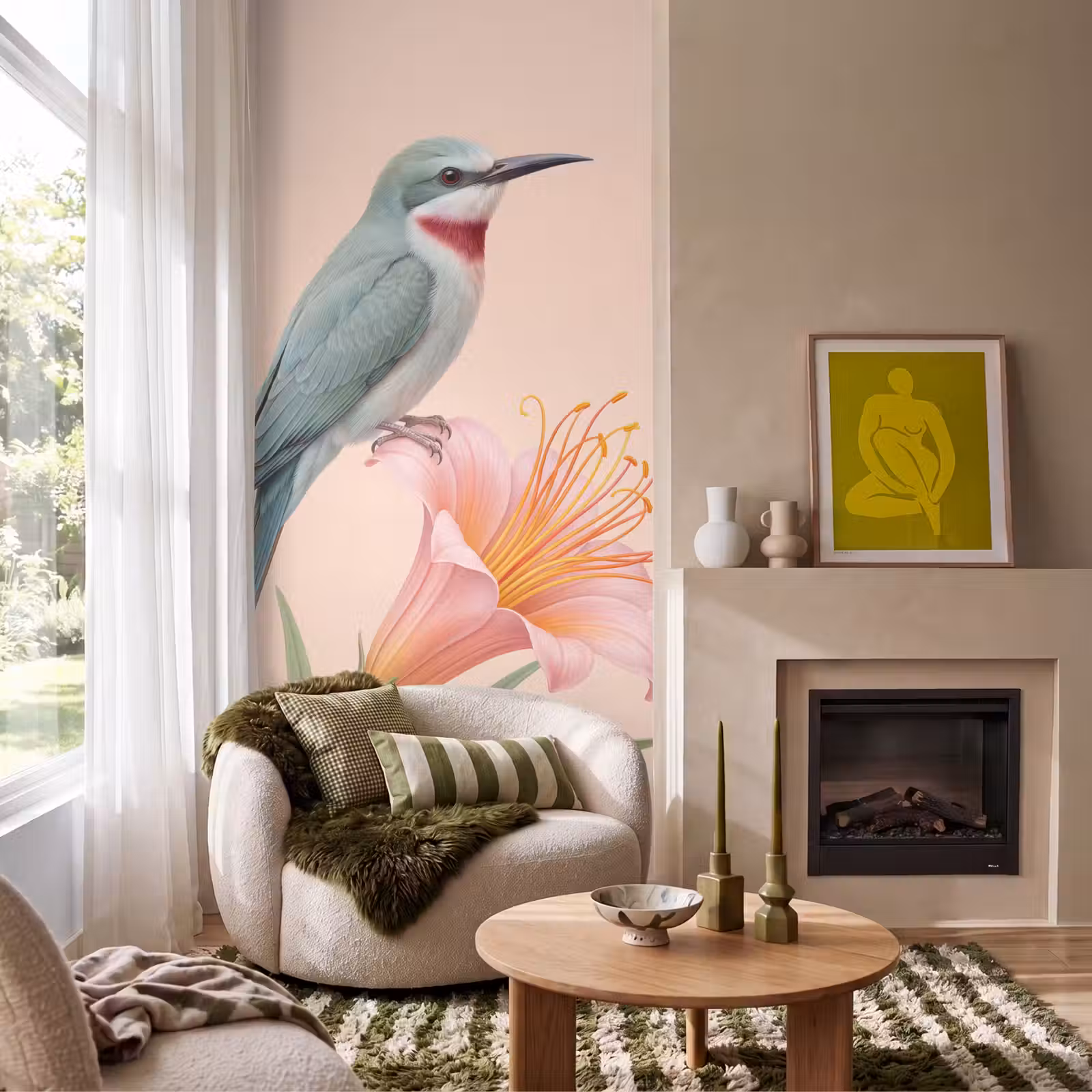 Behang - Vogel - Bloem - Natuur - Roze — 1