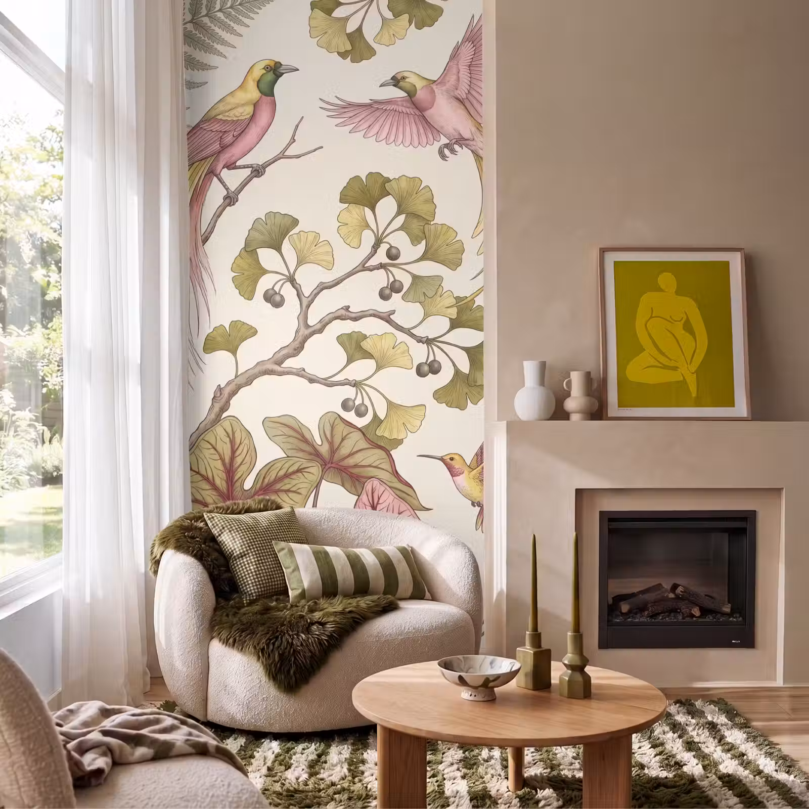 Behang - Vogels - Tropisch - Botanisch - Roze — 1