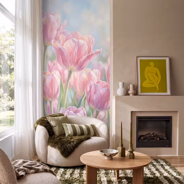 Behang - Tulpen - Veld - Lente - Roze — 1