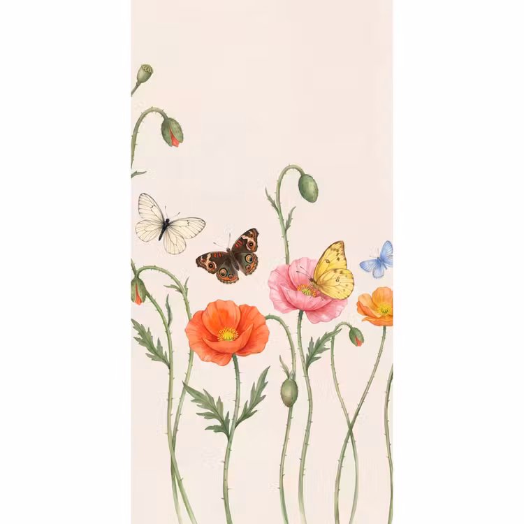 Behang - Vlinders - Klaprozen - Illustratie - Kleurrijk — 2