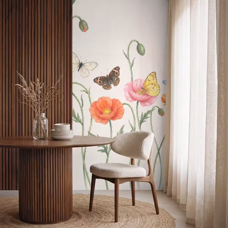Behang - Vlinders - Klaprozen - Illustratie - Kleurrijk — 4