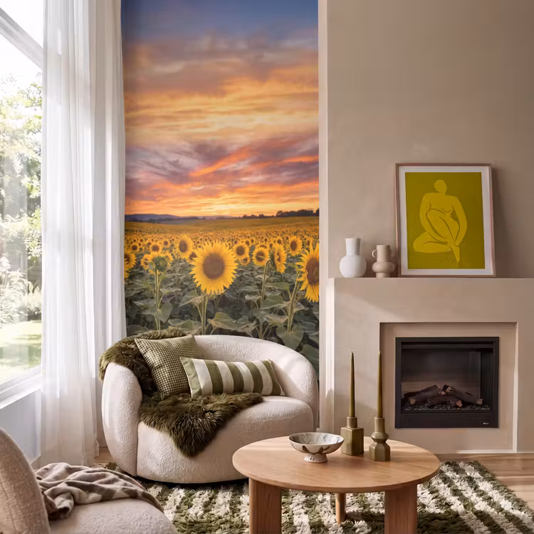 Behang - Zonnebloemen - Heuvellandschap - Geel — 1