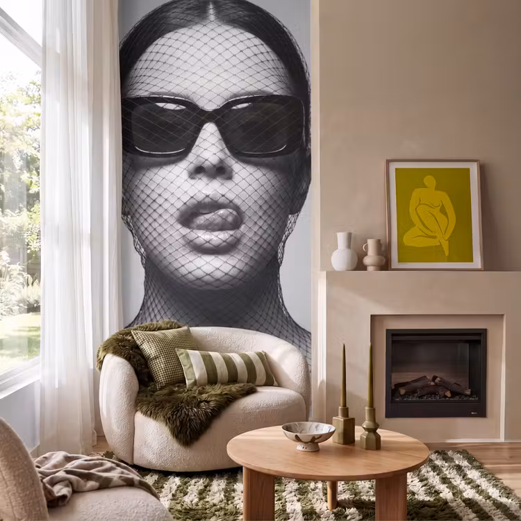 Behang - Vrouw - Net - Mysterieus - Zwart - Wit — 1