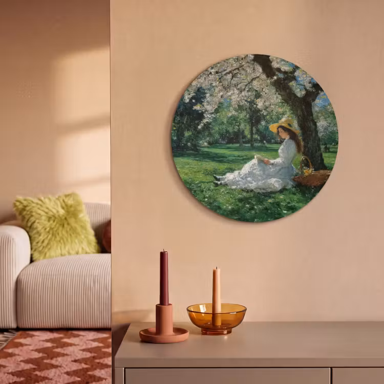Akoestisch schilderij rond - Vrouw - Boom - Boek - Mandje — 2