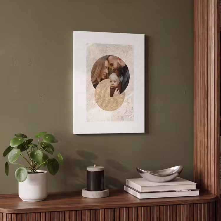 Akoestisch schilderij - Ronde fotocollage met beige textuur en marmeren achtergrond — 6