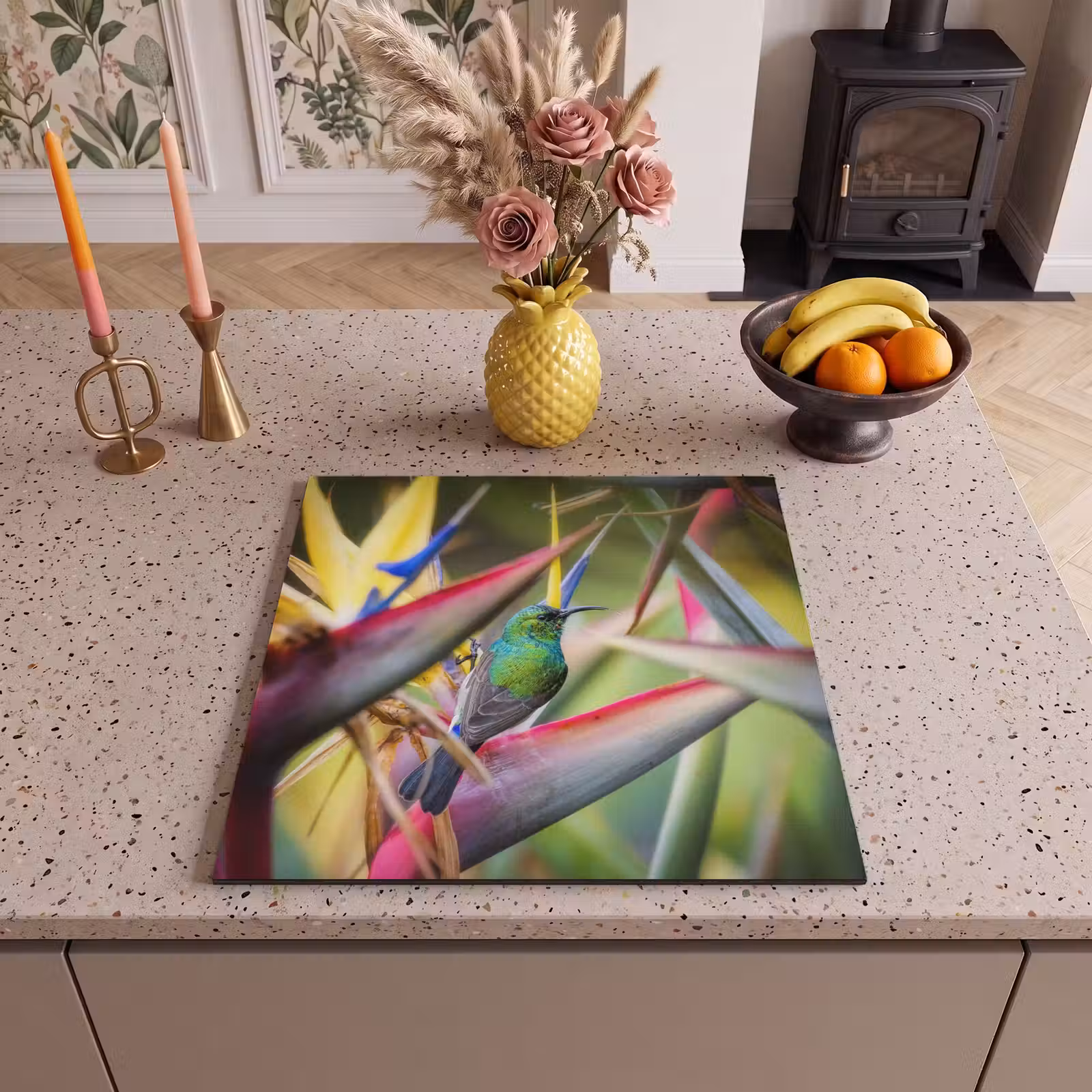 Inductie beschermer - Kleurrijke vogel tussen allemaal kleurrijke platen — 1