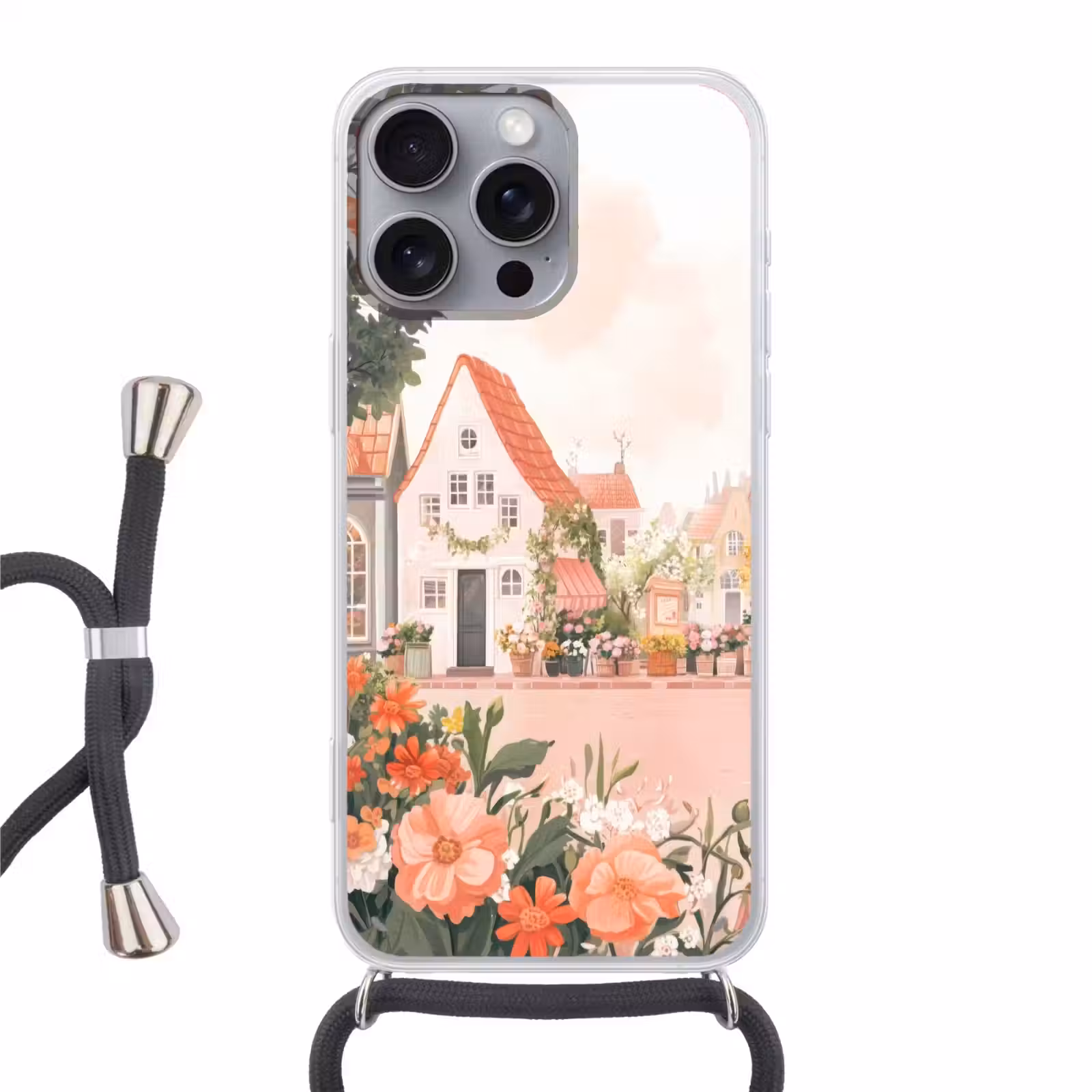 Telefoonhoesje met koord - Bloemen - Huizen - Dorp — 1